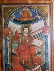 Illustration av Markus som håller sitt evangelium, 800-talet