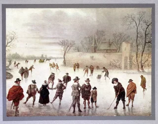 Illustration av människor som spelar golf på fruset vatten, c1700-talet
