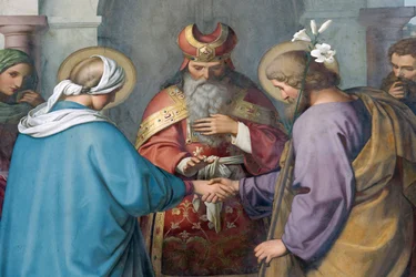Kejserliga katedralen i Speyer. Målningar av Schraudolph. Josef och Maria. Bröllop, Speyer, Tyskland