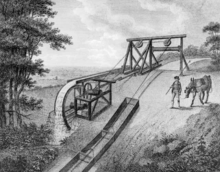 Lutande plan som drivs av vattenhjul som används på en kanal, 1796