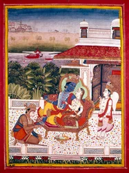 Indisk miniatyr som visar Krishna och en prinsessa på en soffa, 1700-tal