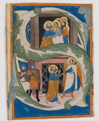 Initial S med Sankt Peter befriad från fängelset, första hälften av 1300-talet.