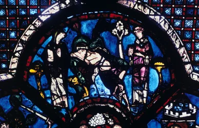 Skadad pilgrim ignorerad av präst och levit, målat glas, Chartres katedral, Frankrike, 1205-1215
