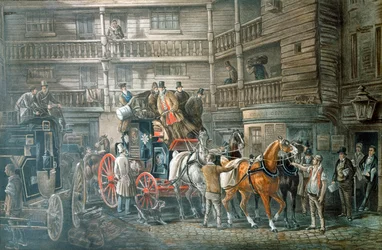Värdshusgård med postbuss som förbereder sig för att lämna, c1840
