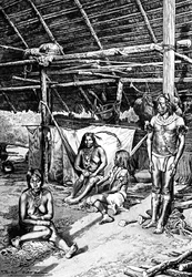 Inuti en Ticuna-hydda, Sydamerika, 1895