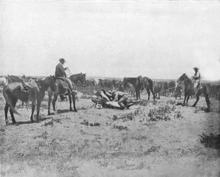 Inspekterar ett varumärke på Prairies, USA, c1900.