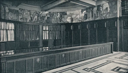 Interiör av Grand Trunk Railways nya London-kontor med temperafris av Frank Brangwyn, c1909