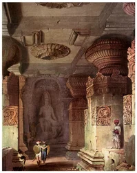 Interiör av ett grotttempel, Ellora, Maharashtra, Indien, 1800-talet 1956