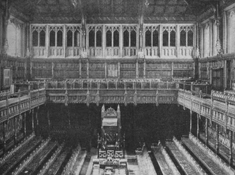 Interiör av House of Commons, Westminster, med blick mot högtalarstolen, 1909