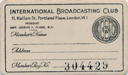 International Broadcasting Club: medlemskort, ca 1930-talet