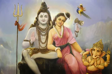 Jalaram Pratna hinduiska tempel, Leicester. Fresco deponerar Shiva, Parvati och Ganesh. Storbritannien