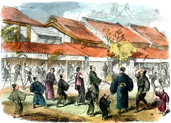 Japanskt spel med slagträ och fjäderboll på Yokohamas gator, 1865