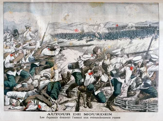 Japanska trupper attackerar ryska skyttegravar, Mukden, Manchuriet, oktober 1904