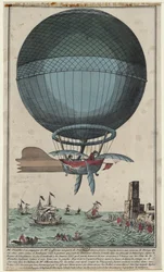 Jean Pierre Blanchard och John Jefferies anländer till Calais efter att ha korsat Engelska kanalen i en luftballong, 1785