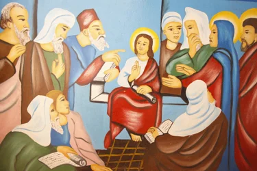 Jesus vid synagogan målning i Kpalime katedral, Lome, Togo