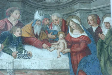 Jesus vid tempelfresken på Sankta Marias katedraldörr Aoste Italia