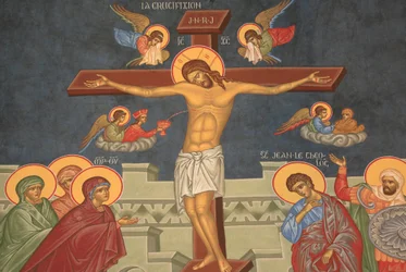 Jesu korsfästelse. Saint-Antoine-le-Grand ortodoxa kyrka Saint-Laurent-en-Royans Frankrike