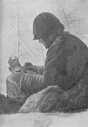 Johansen sitter i sovsäcken i kojan, c1893-1896, 1897