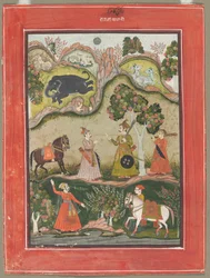 Kanhara Ragini: Inspirationslåt till Krishna för att döda elefantdemonen..., ca. 1760.