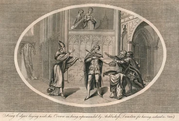 Kung Edgar lägger undan sin krona efter att ha blivit tillrättavisad av ärkebiskop Dunstan, c960-talet 1793