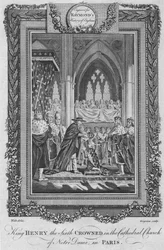 Kung Henrik den sjätte krönt i katedralkyrkan i Notre Dame, i Paris, c1787