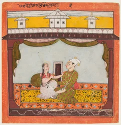 Kung och drottning i Zenana: Sandehi Ragini, fru till Bhairava..., c1690-95.