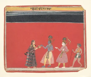 Krishna accepterar ett erbjudande från den puckelryggiga kvinnan Trivakra..., ca. 1650.