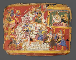 Krishna slåss mot demonens arméer Naraka: Sida från ett Bhagavata Purana-manuskript, ca. 1540.