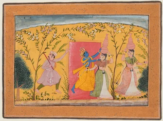 Krishna tar ut en avgift från mjölkpigorna, från en Bhagavata Purana, ca. 1600.