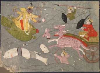 Krishna Fighting Vanasuras Sons: Scen från Aniruddha Usha-sektionen av Krishna Lila, ca. 1840.