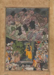 Krishna håller upp Mount Govardhan för att skydda byborna i Braj, Folio från..., ca. 1590-95.