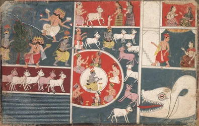 Krishna spelar flöjten och andra avsnitt från Bhagavata Purana, ca. 1650.