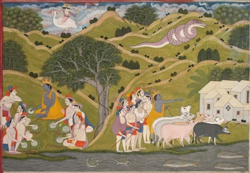 Krishna återvänder med koherdarna till Braj, från en Bhagavata Purana, ca. 1830.
