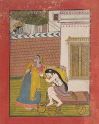 Krishna spionerar på Radha, ca. 1780-90.