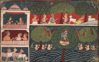 Krishna stjäl Gopis-kläder, sida från Bhagavata Purana, ca. 1650.