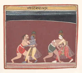 Krishna och Balarama slåss mot den onda kungen Kamsas brottare..., ca. 1650.