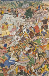 Krishna och Balarama slåss mot fienden, Folio från en Harivamsa The Legend of Hari..., c1590-95.