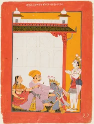 Krishna och Balarama vidrör Vasudevas och Devakis fötter, 1730-40.