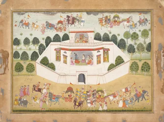 Krishna och Balarama inom ett muromgärdat palats: Sida från en Dispersed Bhagavata Purana..., ca. 1700.