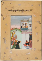 Krishna och gemål på en palatsbalkong med musiker: Vukharo Ragaputra från Bhairav, 1770-75.