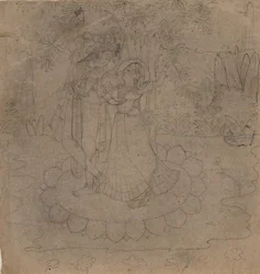 Krishna och Radha står på en lotus, sent 1800-tidigt 1900-tal.