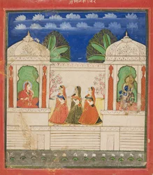Krishna och Radha i två paviljonger, 1800-talet