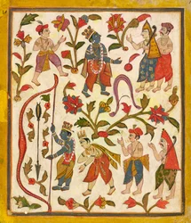 Krishna and the Bow, folio 24 från Tula Ram Bhagavata Purana, ca. 1720.