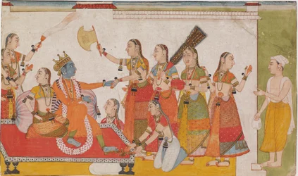 Krishna välkomnar Sudama, från Bhagavata Purna, ca. 1700.