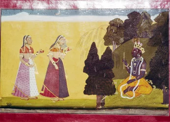 Krishna med flöjt, uppsökt av två damer