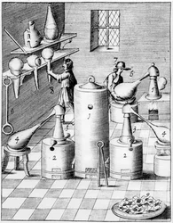 Laboratorium för raffinering av guld och silver med typisk laboratorieutrustning, 1683