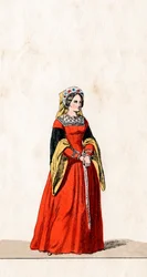 Dam i väntan, kostymdesign för Shakespeares pjäs, Henry VIII, 1800-talet
