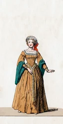 Dam i väntan, kostymdesign för Shakespeares pjäs, Henry VIII, 1800-talet