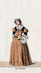 Dam i väntan, kostymdesign för Shakespeares pjäs, Henry VIII, 1800-talet
