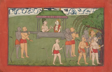 Lakshmana och Sugriva bärs av Palanquin för att ta emot Ramas-välsignelser..., ca. 1710-25.